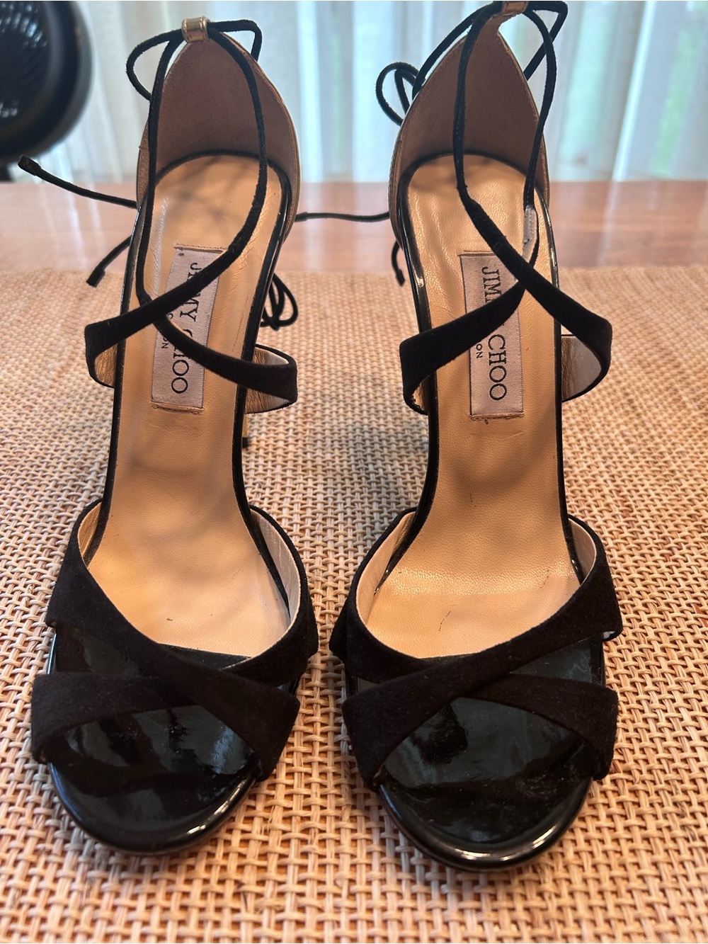 Jimmy Choo Teira Black Suede&Gold Wrap Laces Crossover Strap Sandals.Size 9/39.5